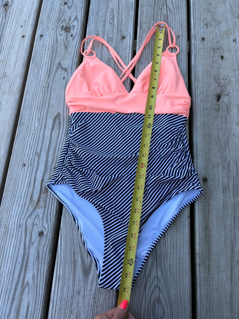 Cupshe One Piece Swimsuit Womens S Mixed Print Peach Black White Striped - Picture 7 of 8